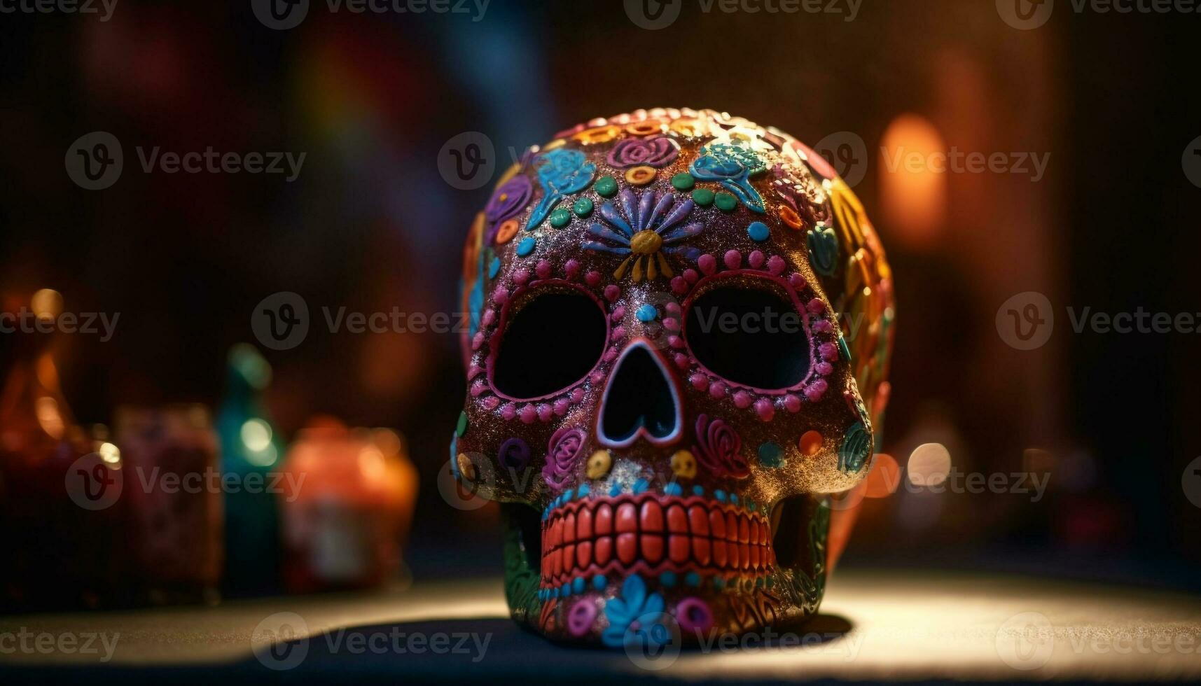 Spooky Halloween celebration with ornate decorations and illuminated skulls generated by AI photo