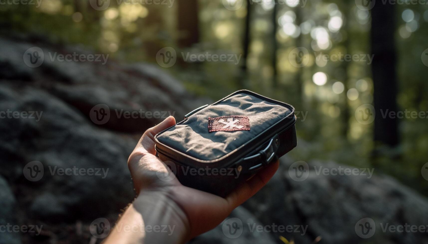 Hiking through the forest, one person holding equipment, exploring nature generated by AI photo