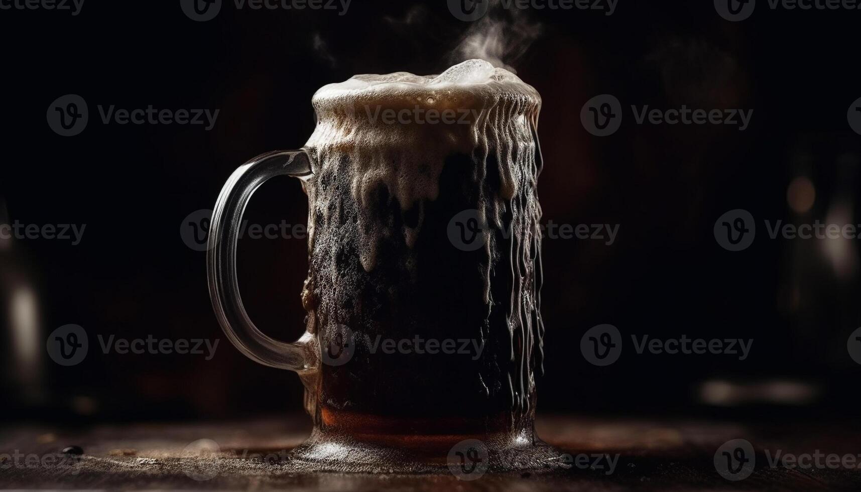 A frothy drop of beer on a rustic wooden table generated by AI photo