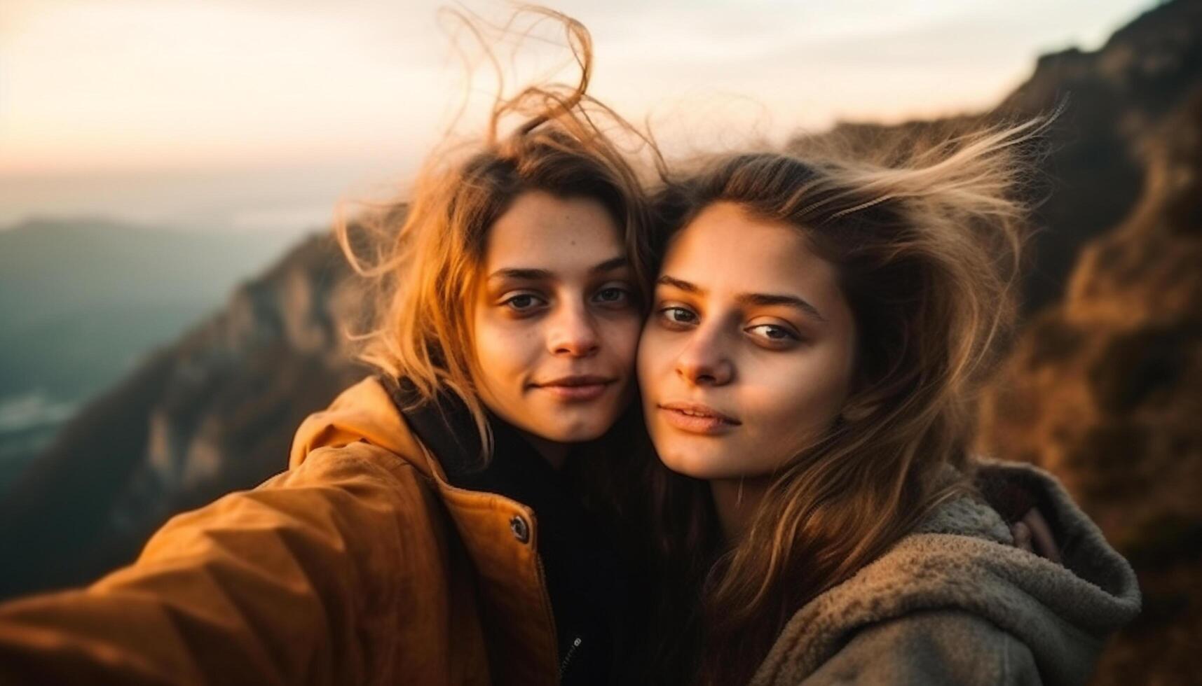 dos joven mujer abrazando, sonriente, disfrutando calentar otoño puesta de sol al aire libre generado por ai foto