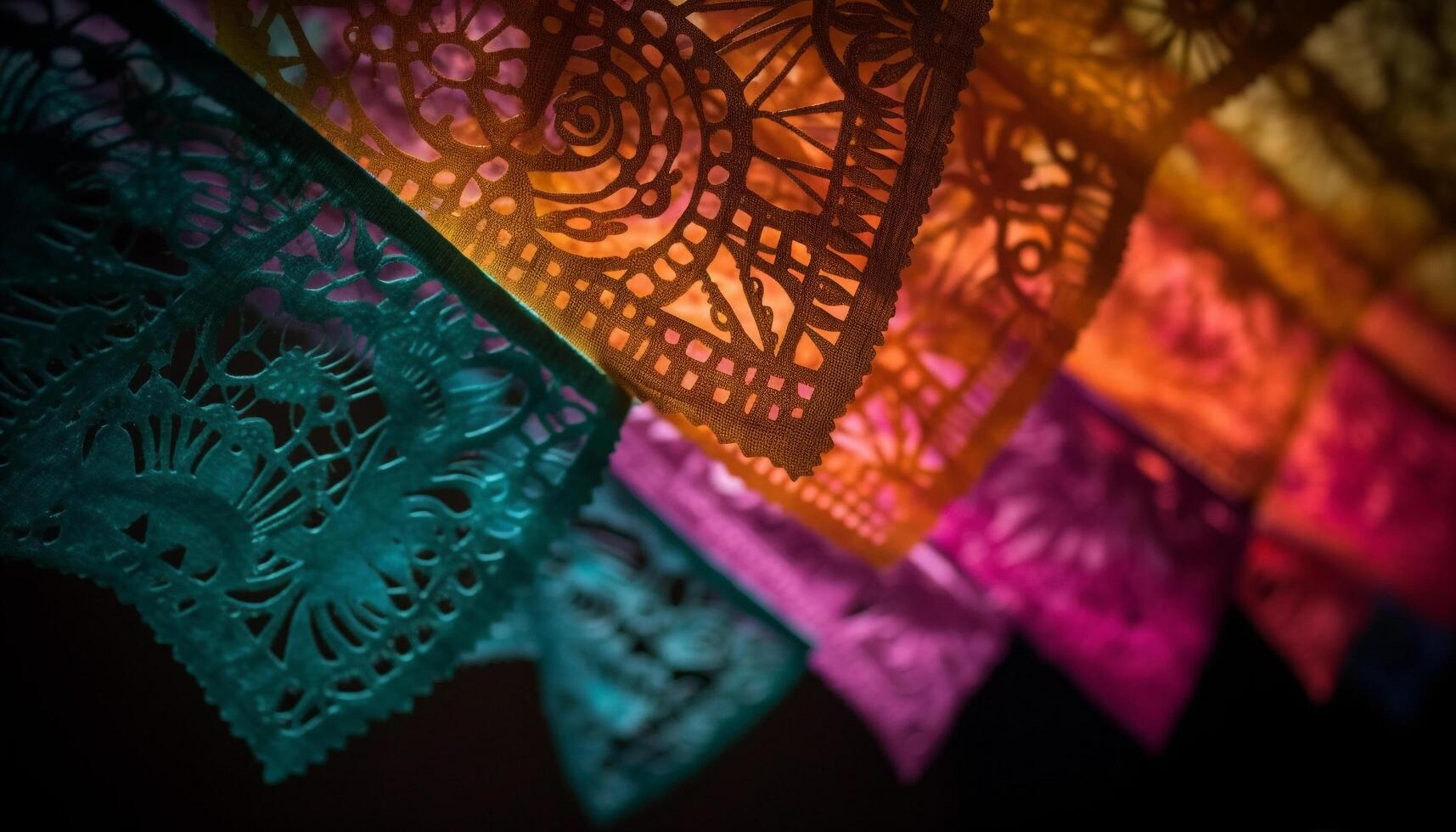 Ornate embroidery on silk textile creates elegant fashion backdrop generated by AI photo