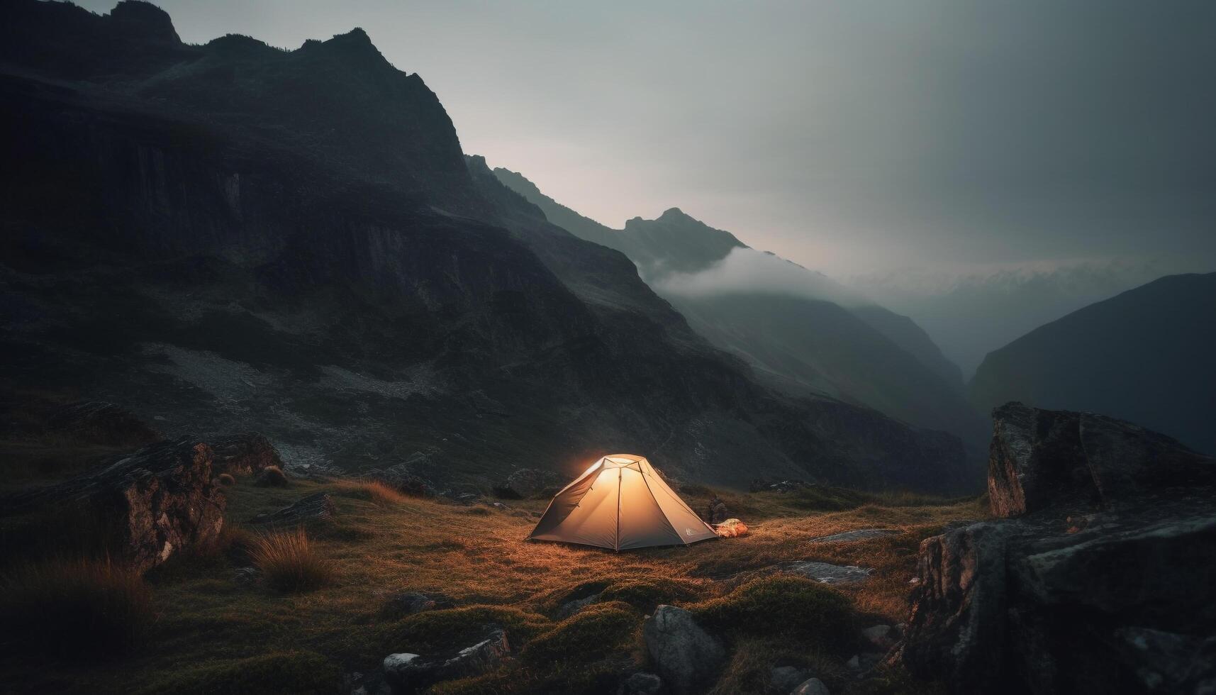 Hiking through the mountain range, camping under the tranquil sunset generated by AI photo
