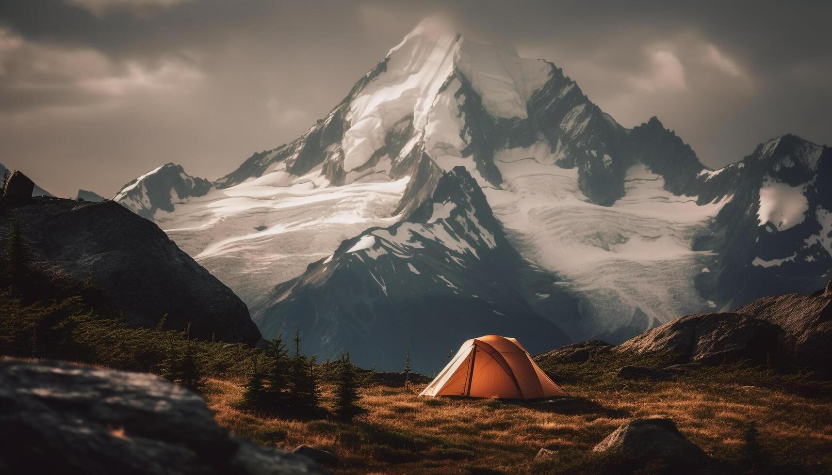 One person hikes to the mountain peak for extreme terrain exploration generated by AI photo
