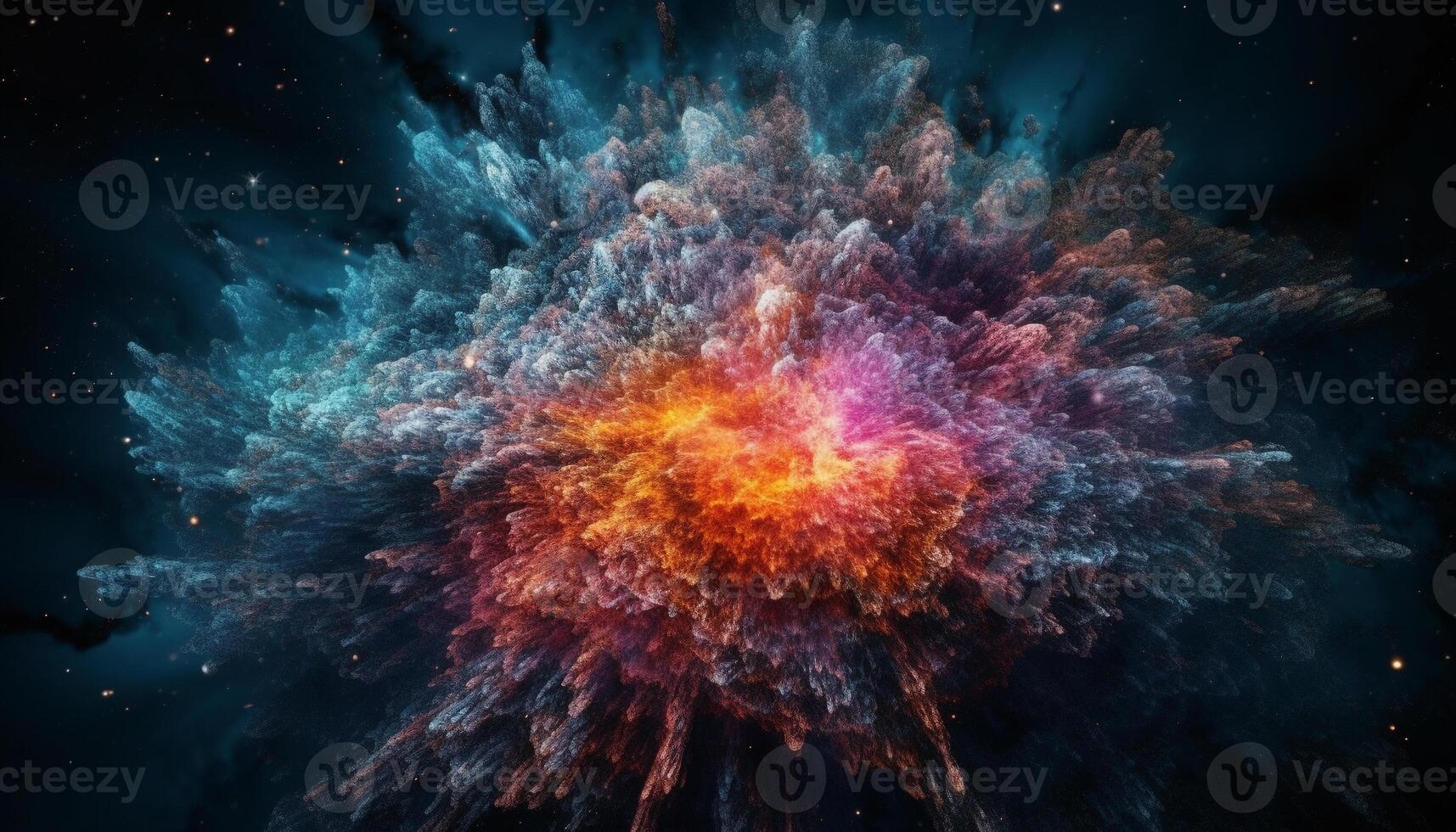 A glowing supernova explodes in a multi colored nebula backdrop generated by AI photo