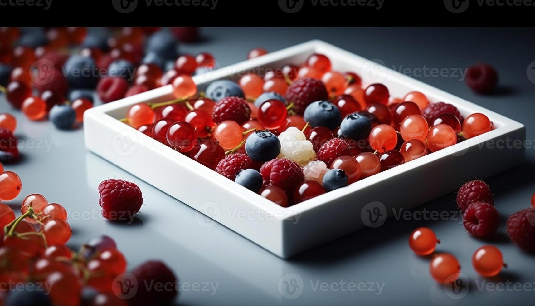 Juicy berry bowl raspberry, blueberry, currant, and strawberry gourmet dessert generated by AI photo