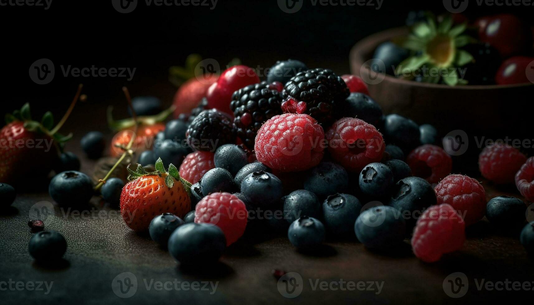 A rustic bowl of juicy, multi colored berry fruit refreshment generated by AI photo