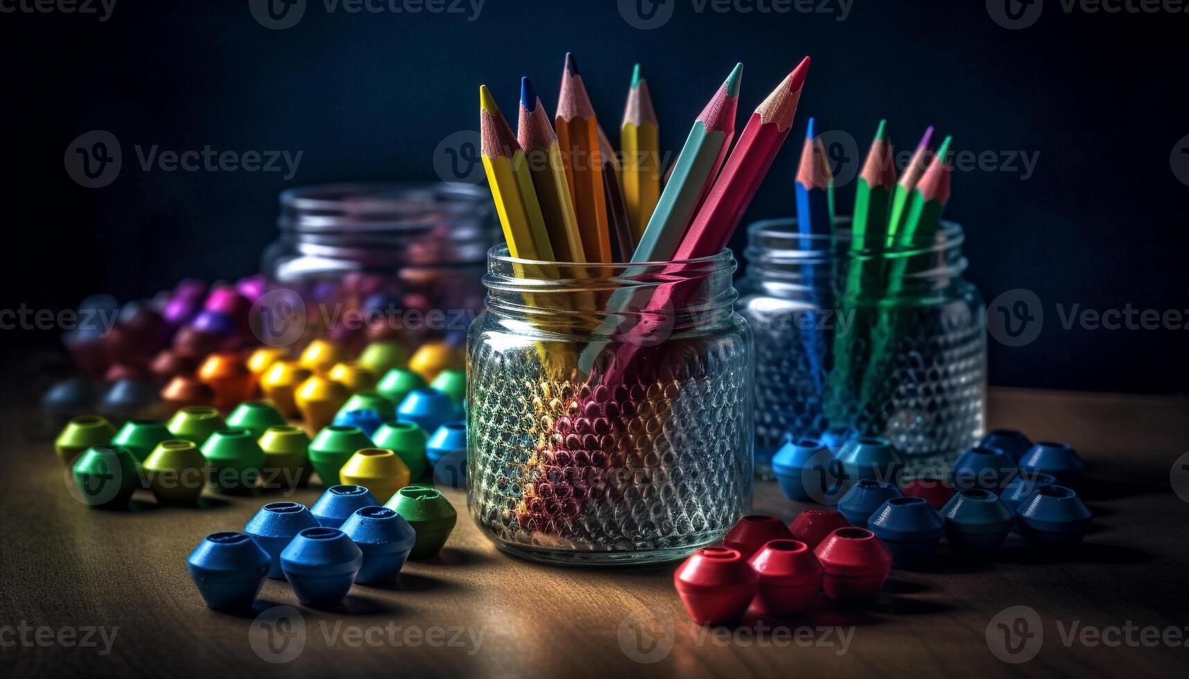 A colorful collection of craft equipment on a wooden table generated by AI photo