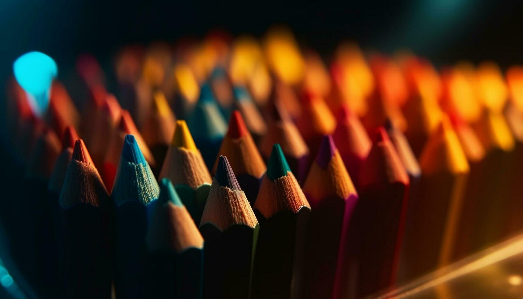 A vibrant rainbow spectrum of sharp pencils in a row generated by AI photo