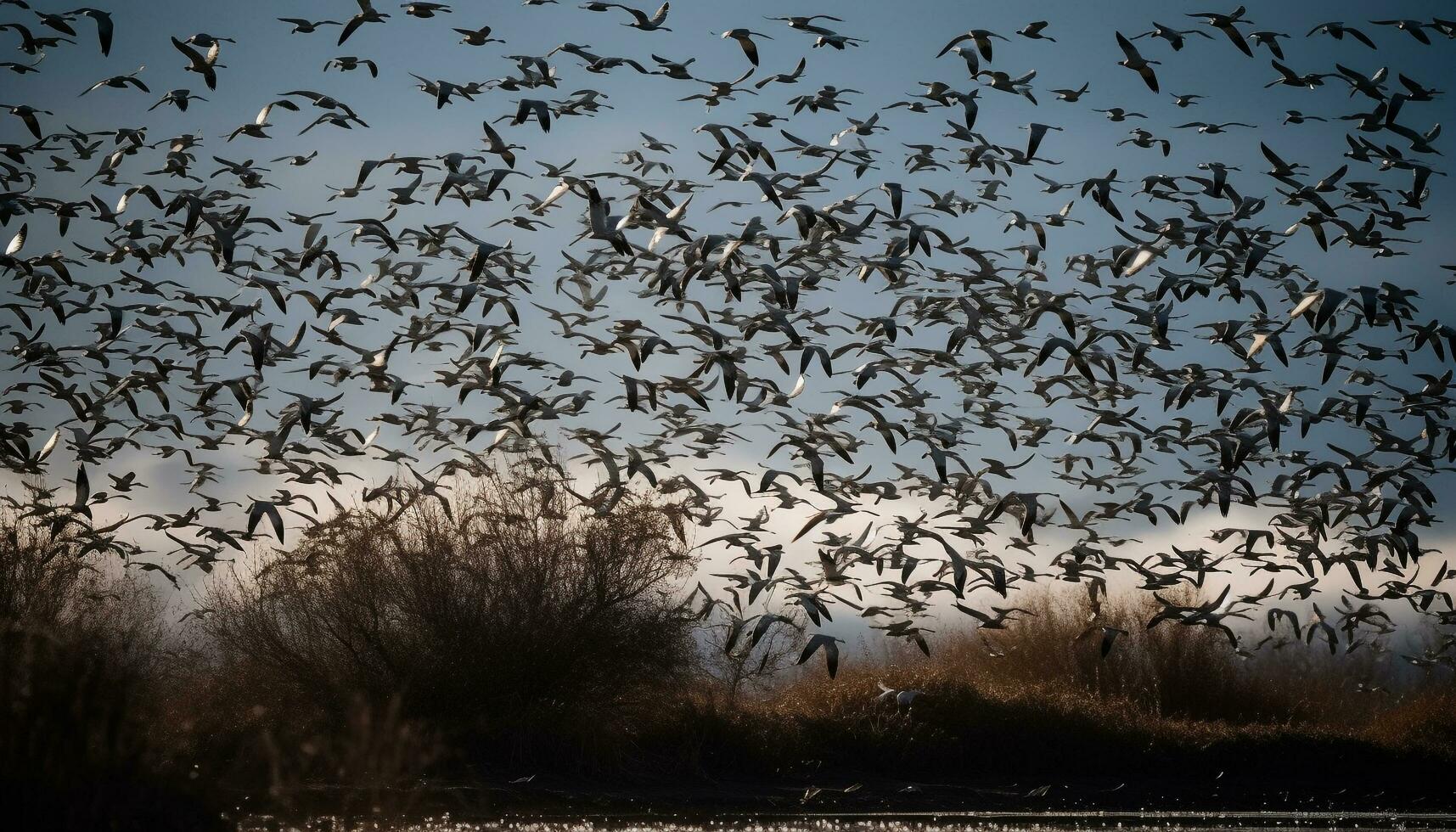 Wildlife reserve at dusk Large group of flying birds silhouetted generated by AI photo