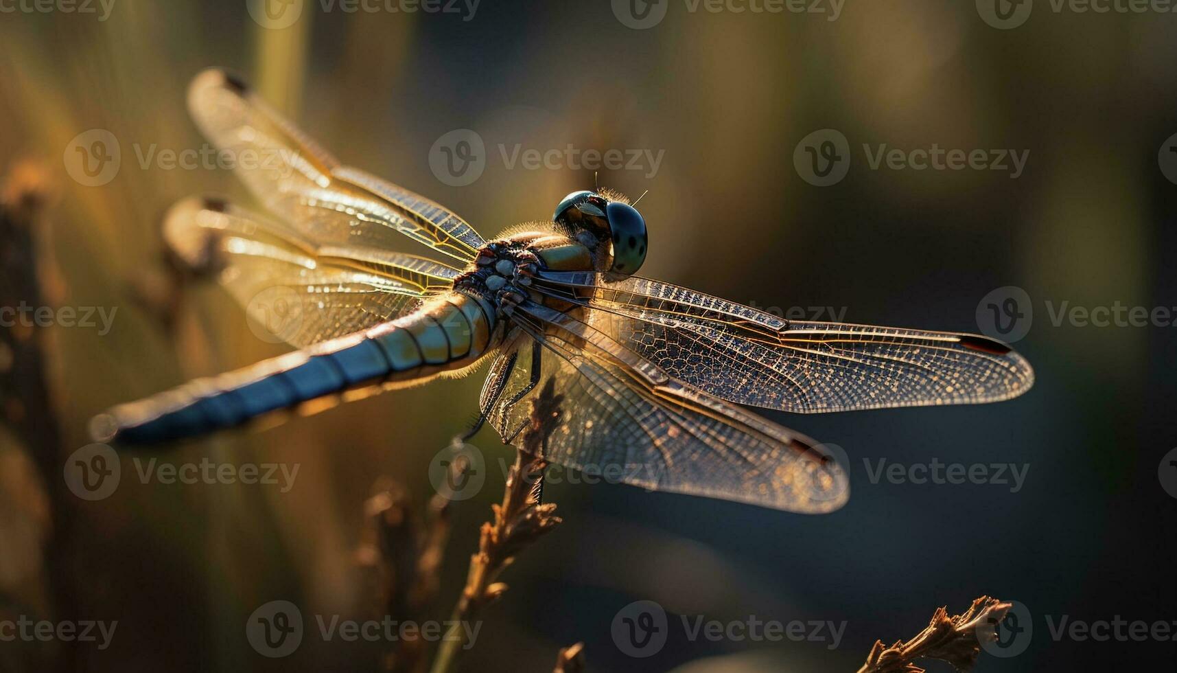 The dragonfly multi colored wings glisten in the vibrant sunlight generated by AI photo