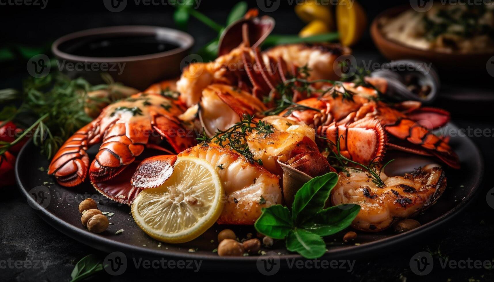 Grilled seafood plate with prawn, crab, and lobster, ready to eat