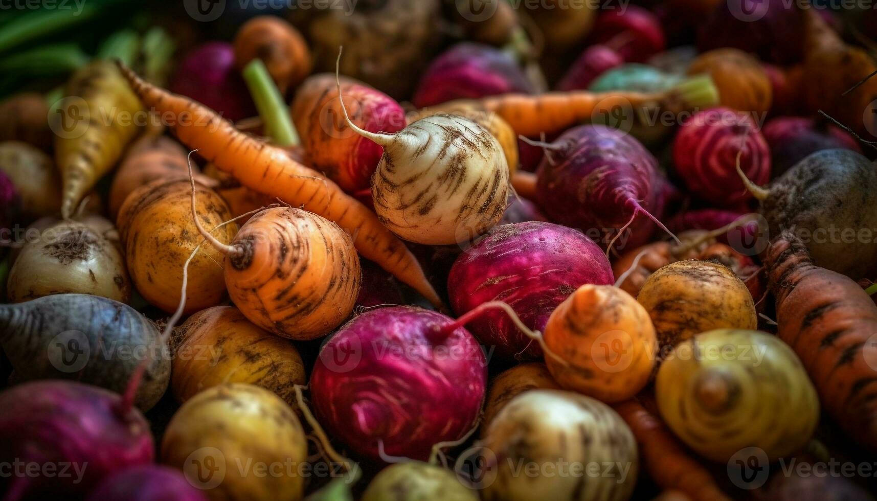 A colorful heap of fresh vegetables at the street market generated by AI photo