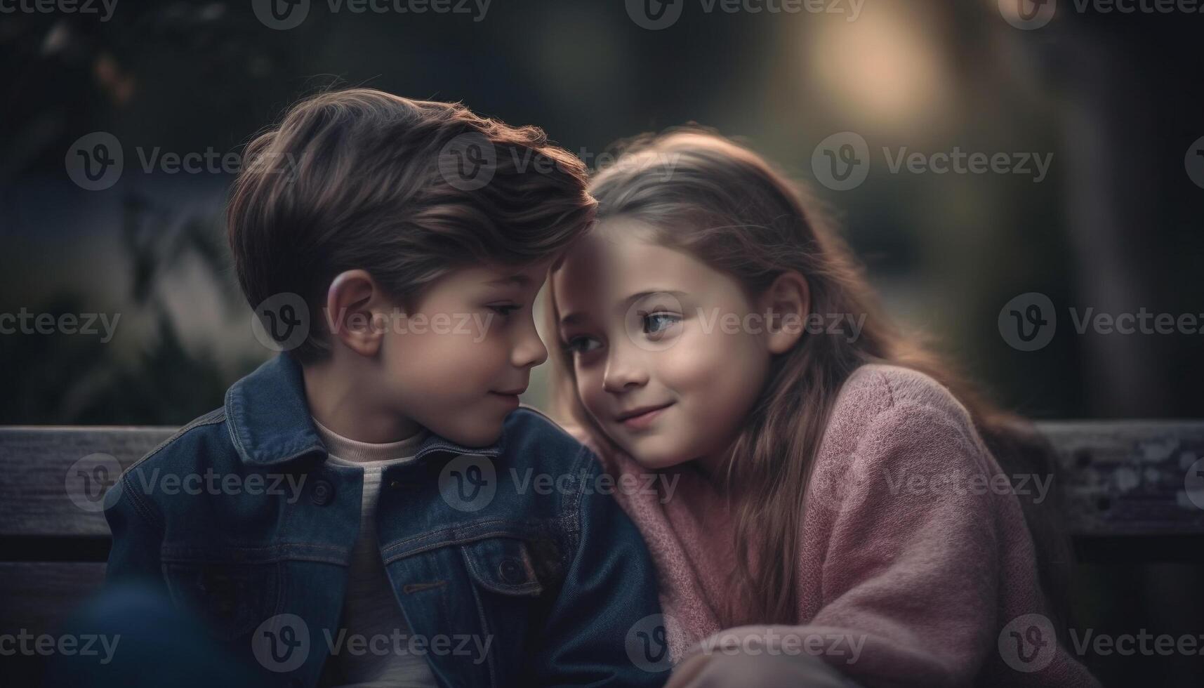 dos alegre caucásico Niños sentado al aire libre, sonriente y abrazando en naturaleza generado por ai foto