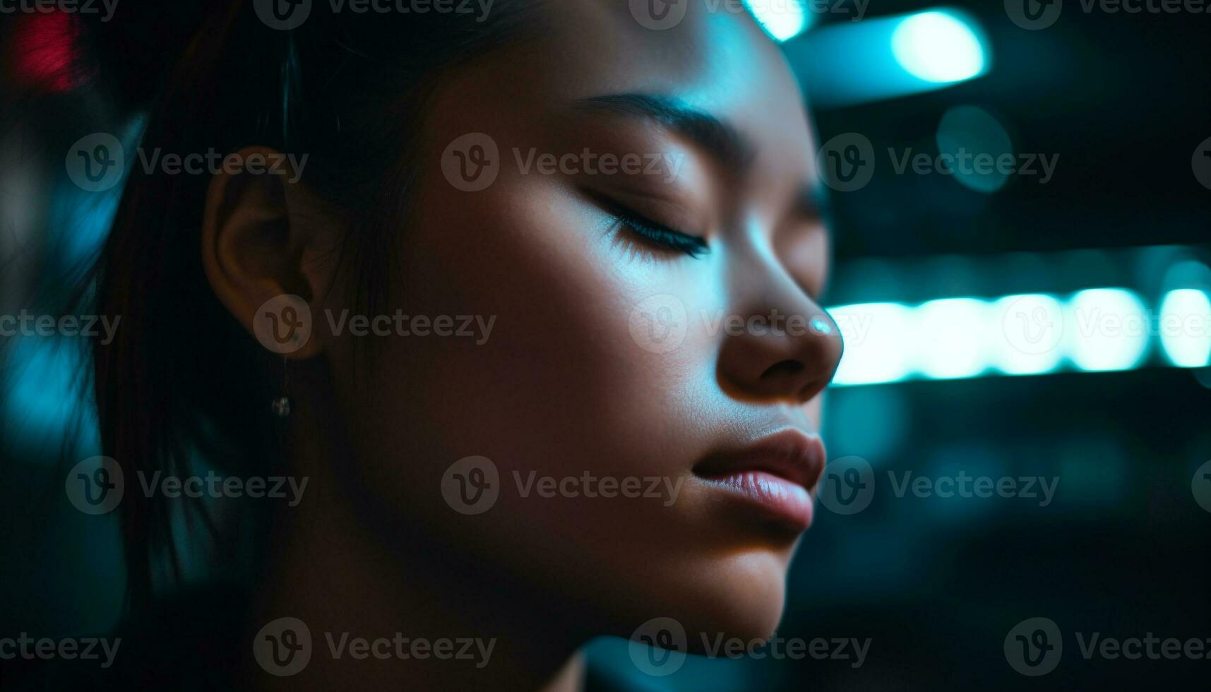 One young woman, illuminated in dark city, enjoying nightlife generated by AI photo
