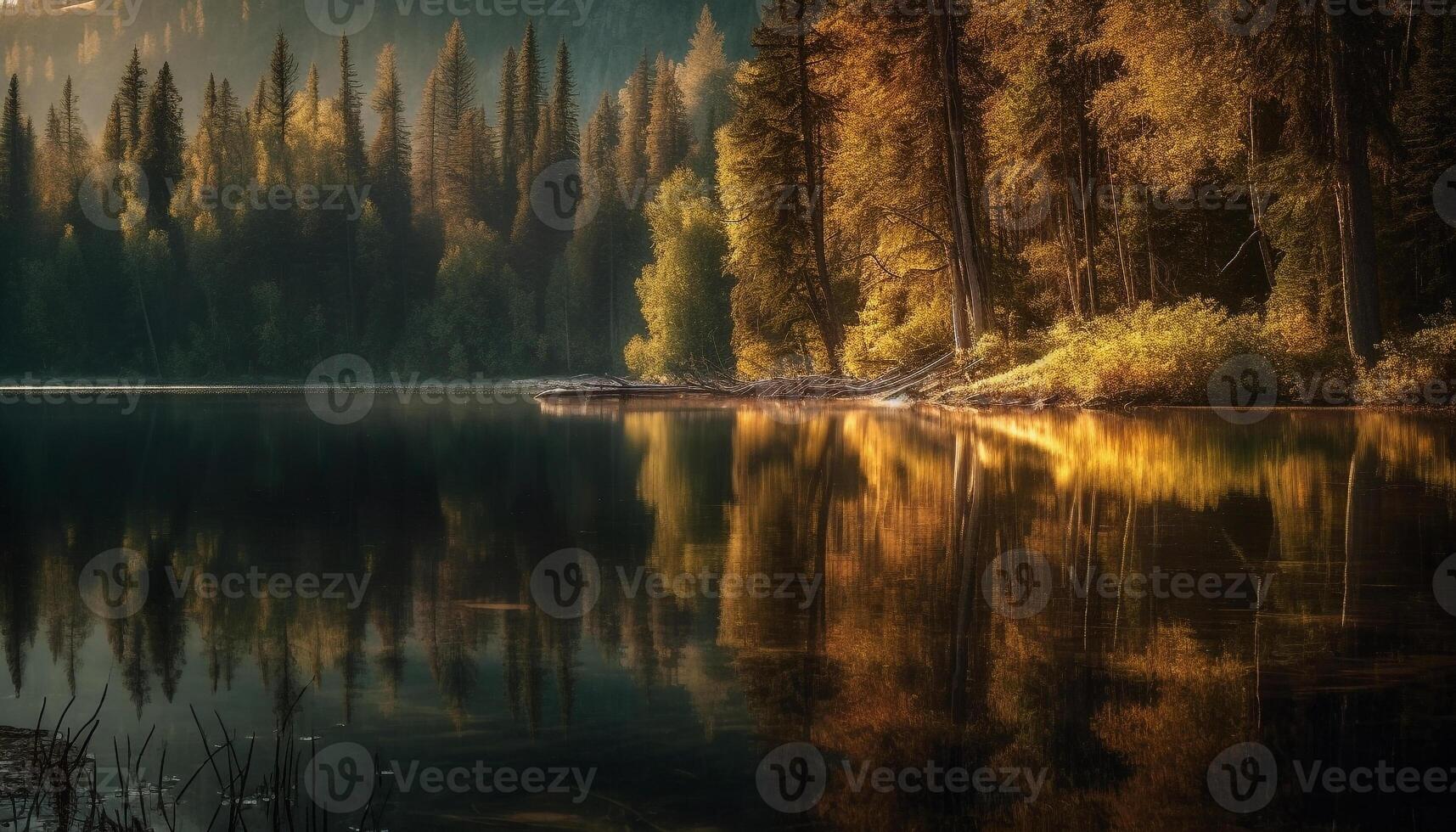 A tranquil scene of a forest pond reflects autumn beauty generated by AI photo