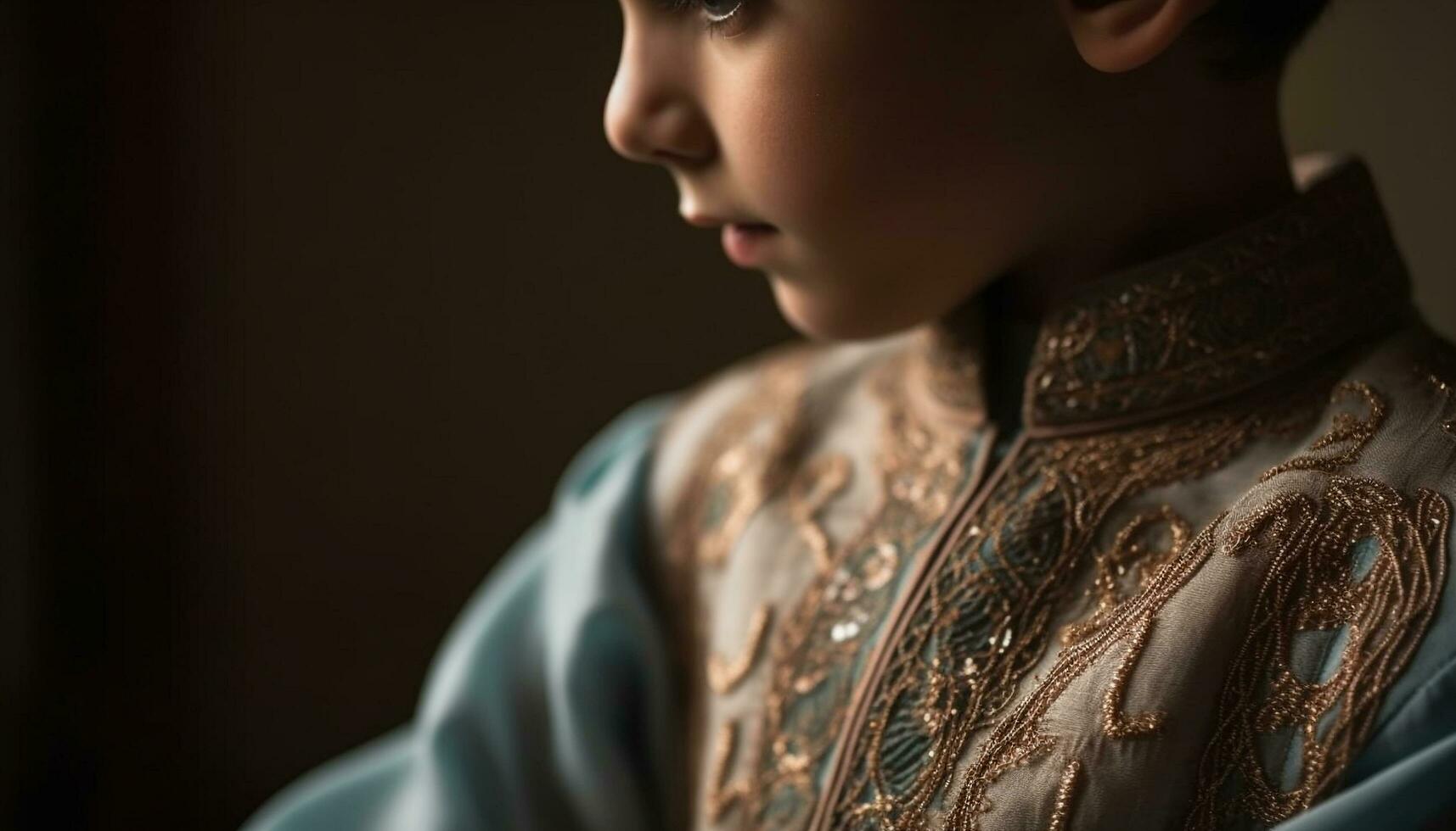 A confident young boy in traditional clothing exudes elegance generated by AI photo