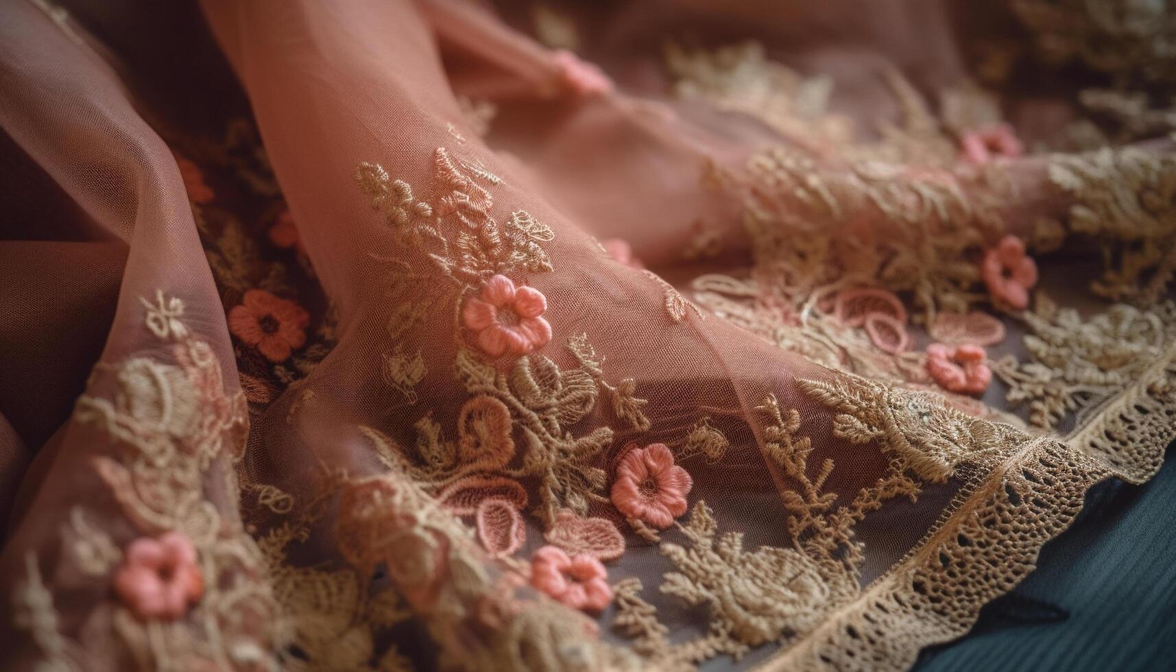 elegante novia en florido seda vestido, rodeado por floral belleza generado por ai foto