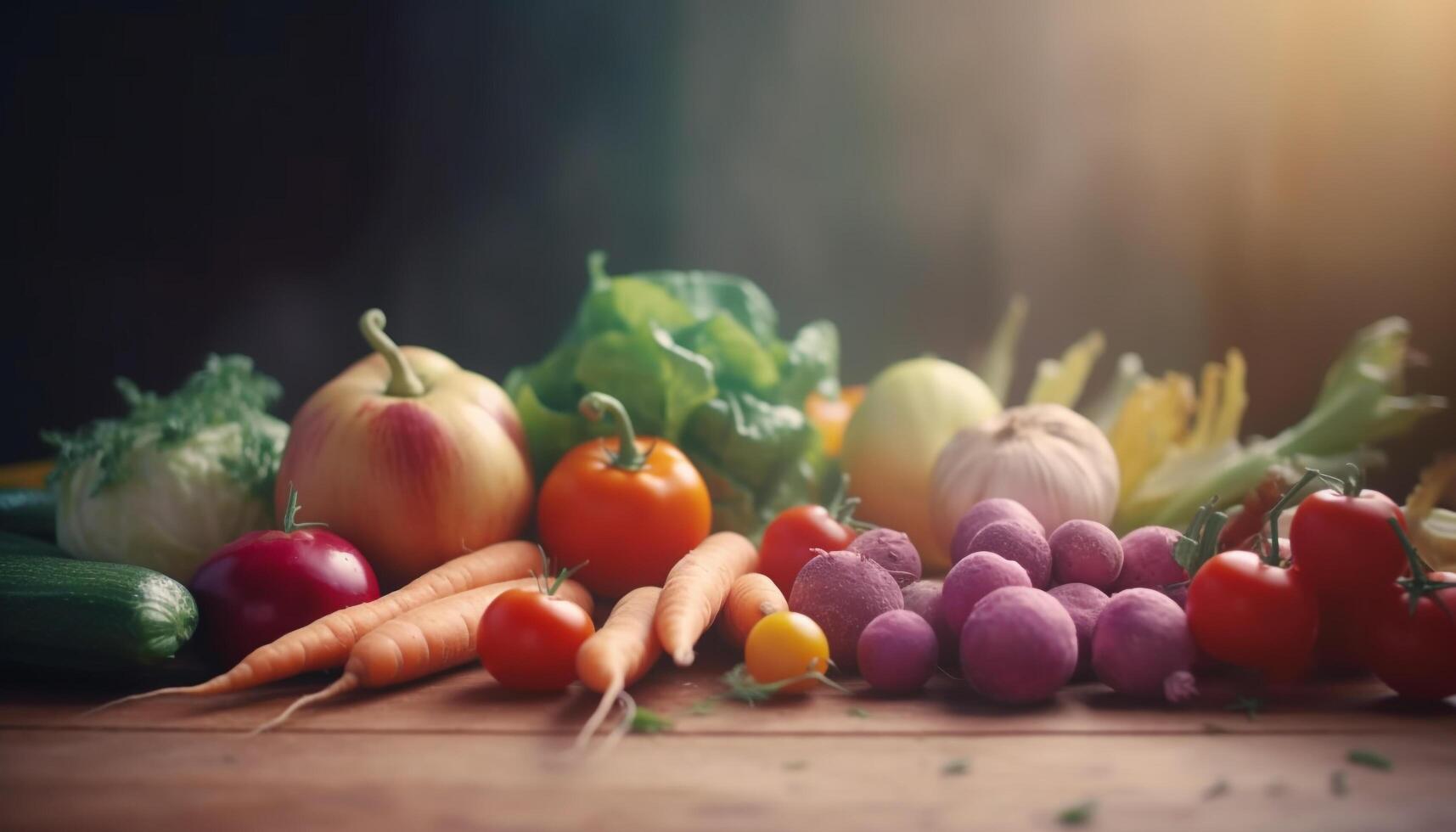 Fresh organic vegetables on rustic wooden table, healthy eating collection generated by AI photo