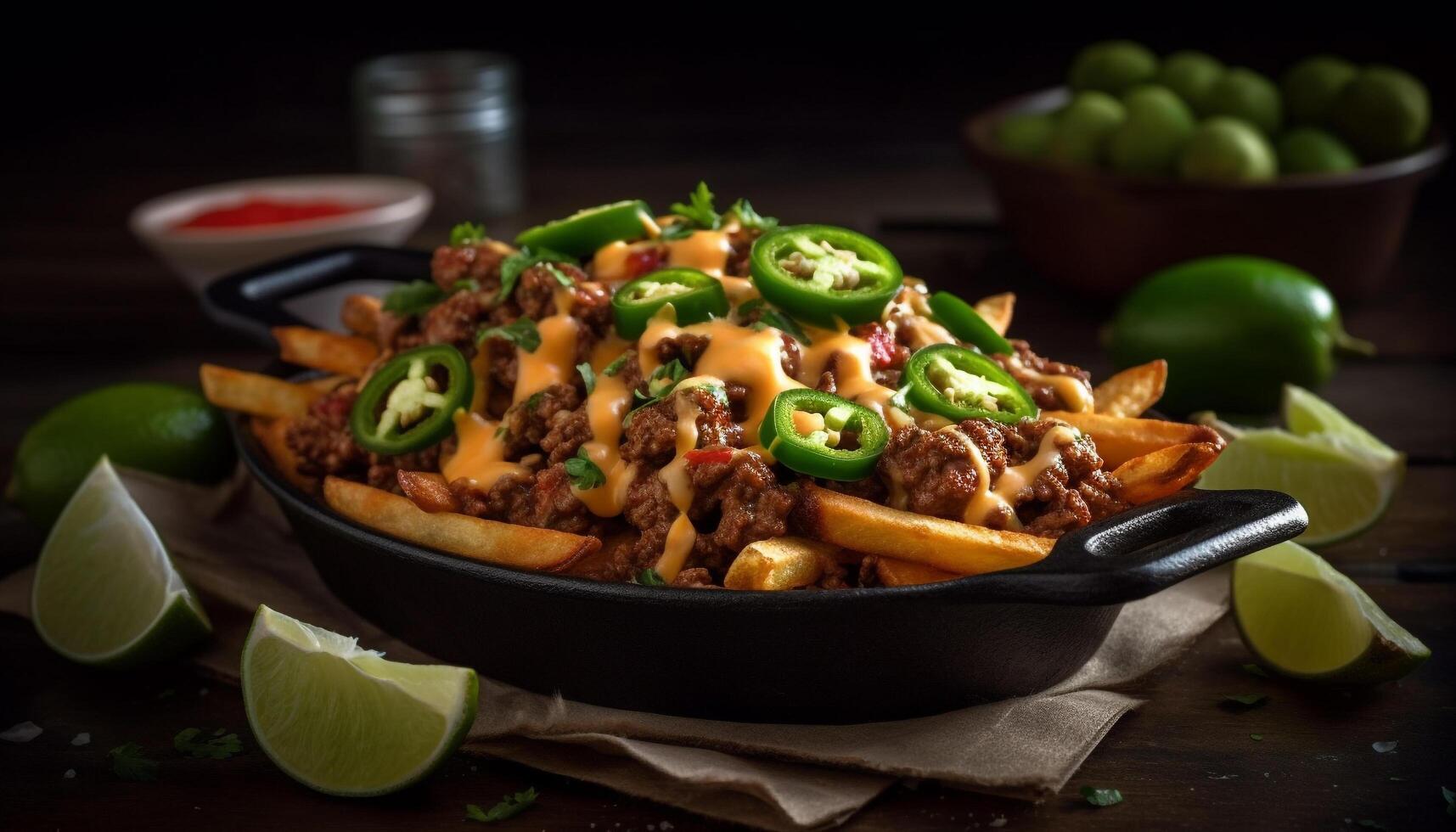 A rustic beef taco plate with grilled meat and guacamole generated by AI photo