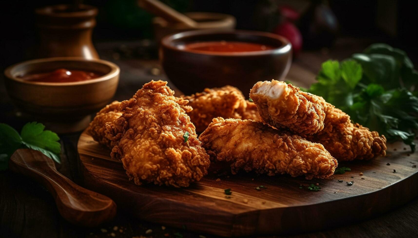 frito pollo alas con sabroso salsa, servido en rústico plato generado por ai foto