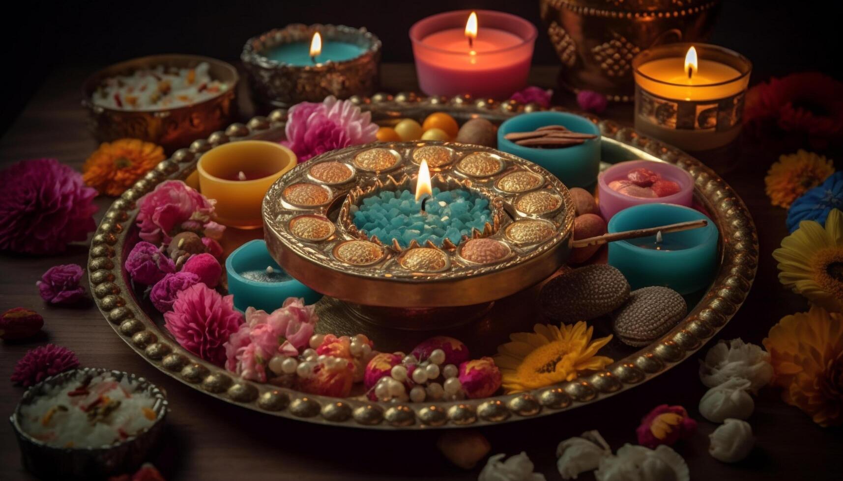 Traditional Hindu ceremony Diya oil lamp symbolizes spirituality and love generated by AI photo