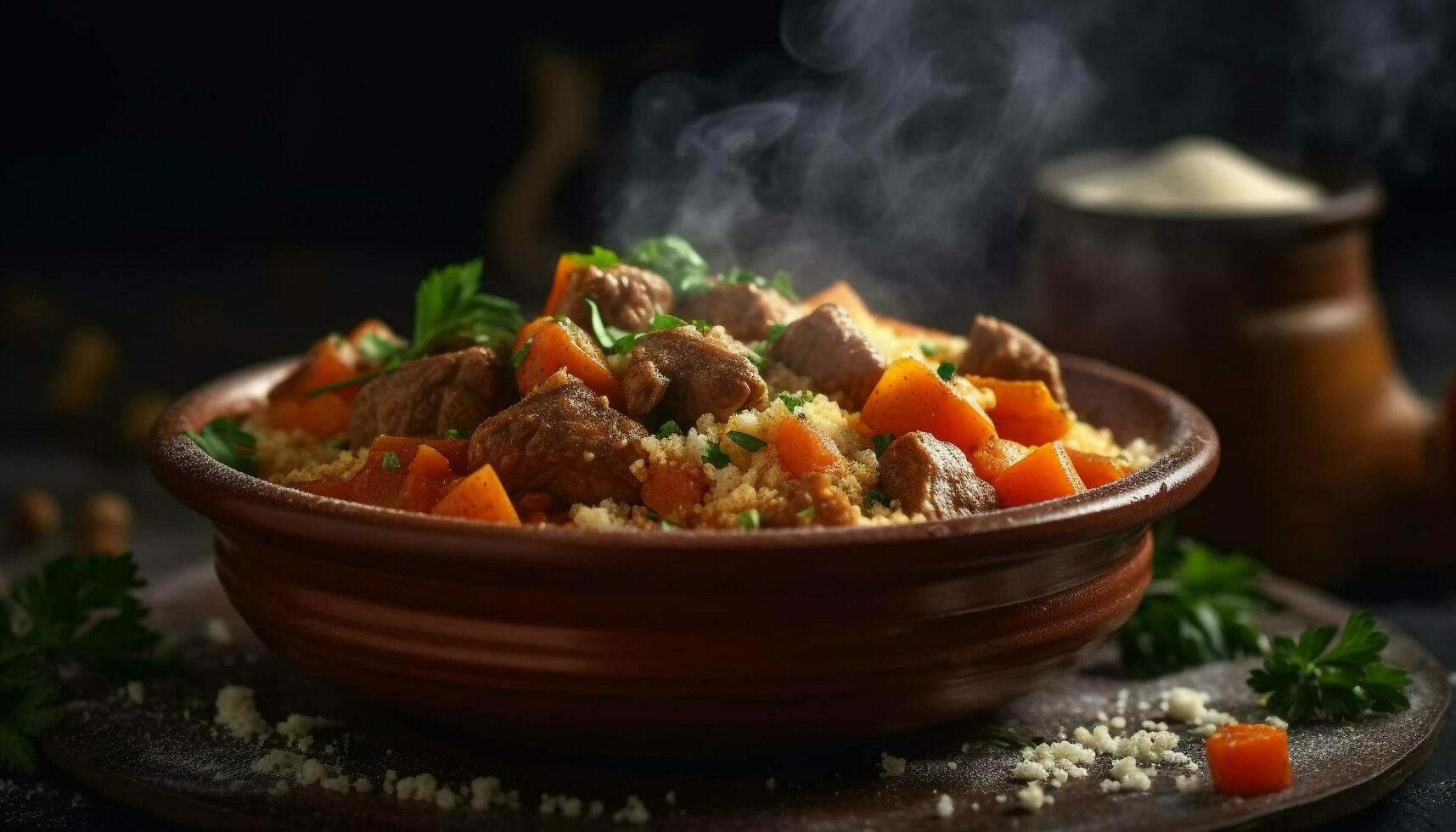 A hearty beef stew cooked with fresh vegetables and spices generated by AI photo
