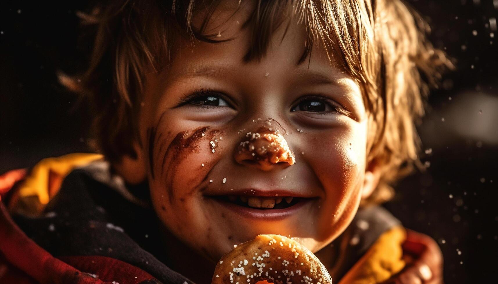 el linda caucásico niño es sonriente mientras comiendo un Galleta generado por ai foto