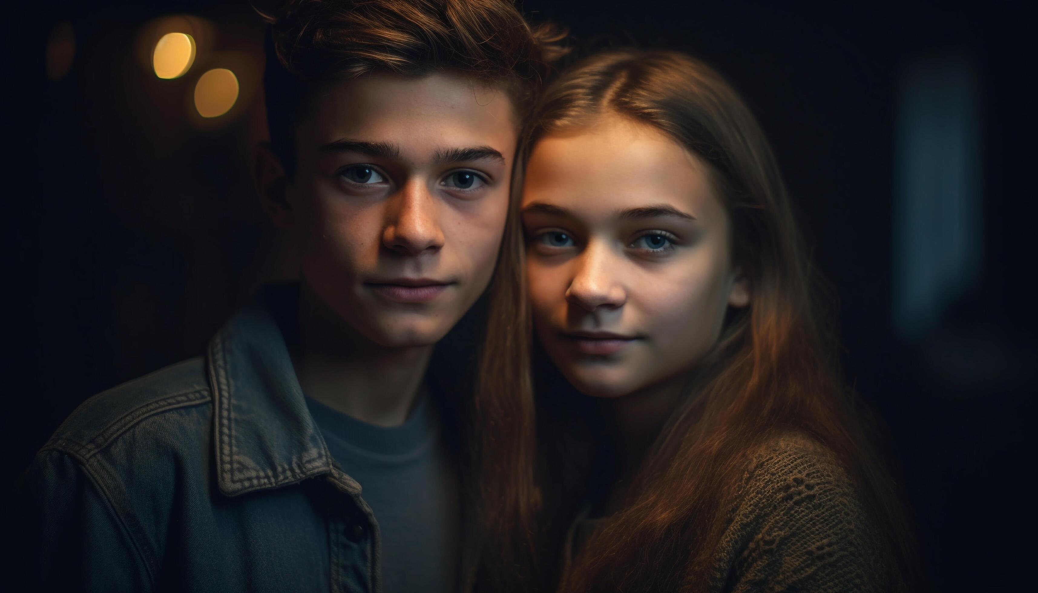 Two young adults, a brother and sister, embrace in studio generated by AI 24747332 Stock Photo