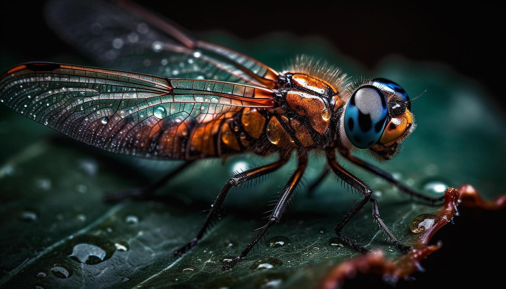 Close up of wet bee yellow and blue multi colored wings generated by AI photo