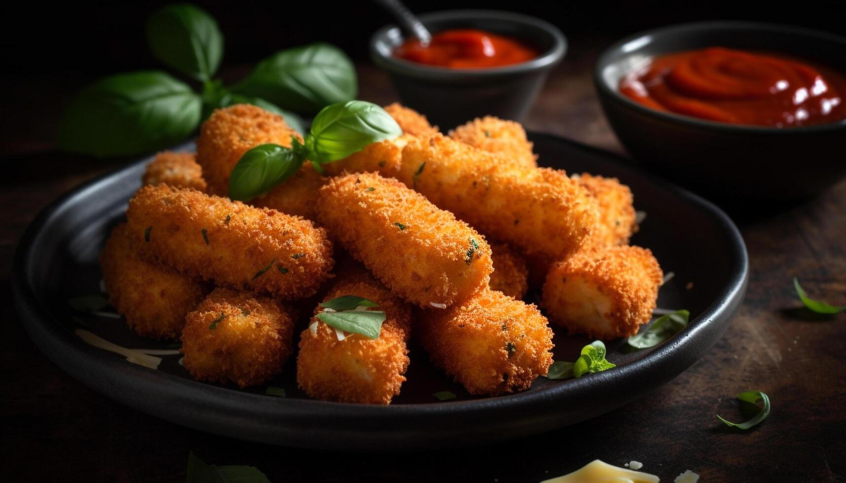 Deep fried seafood appetizer with homemade tomato sauce on rustic plate generated by AI photo