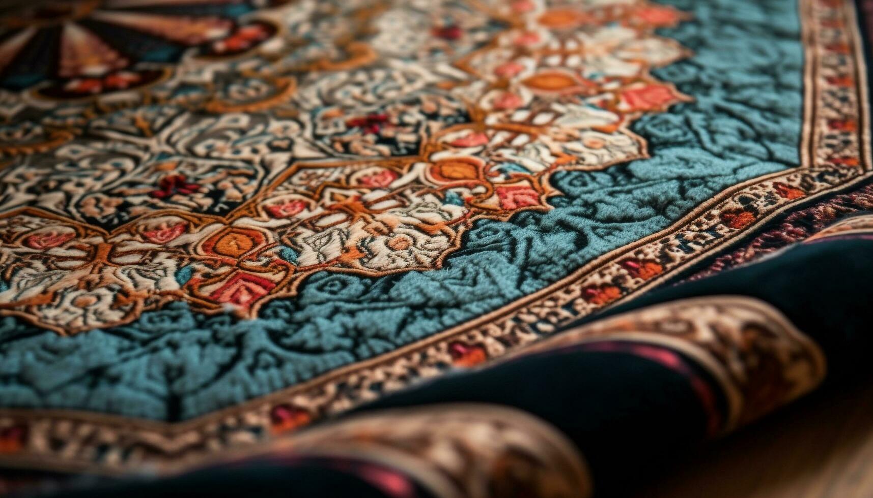 Ornate tapestry rug showcases Persian and Arabic geometric patterns generated by AI photo