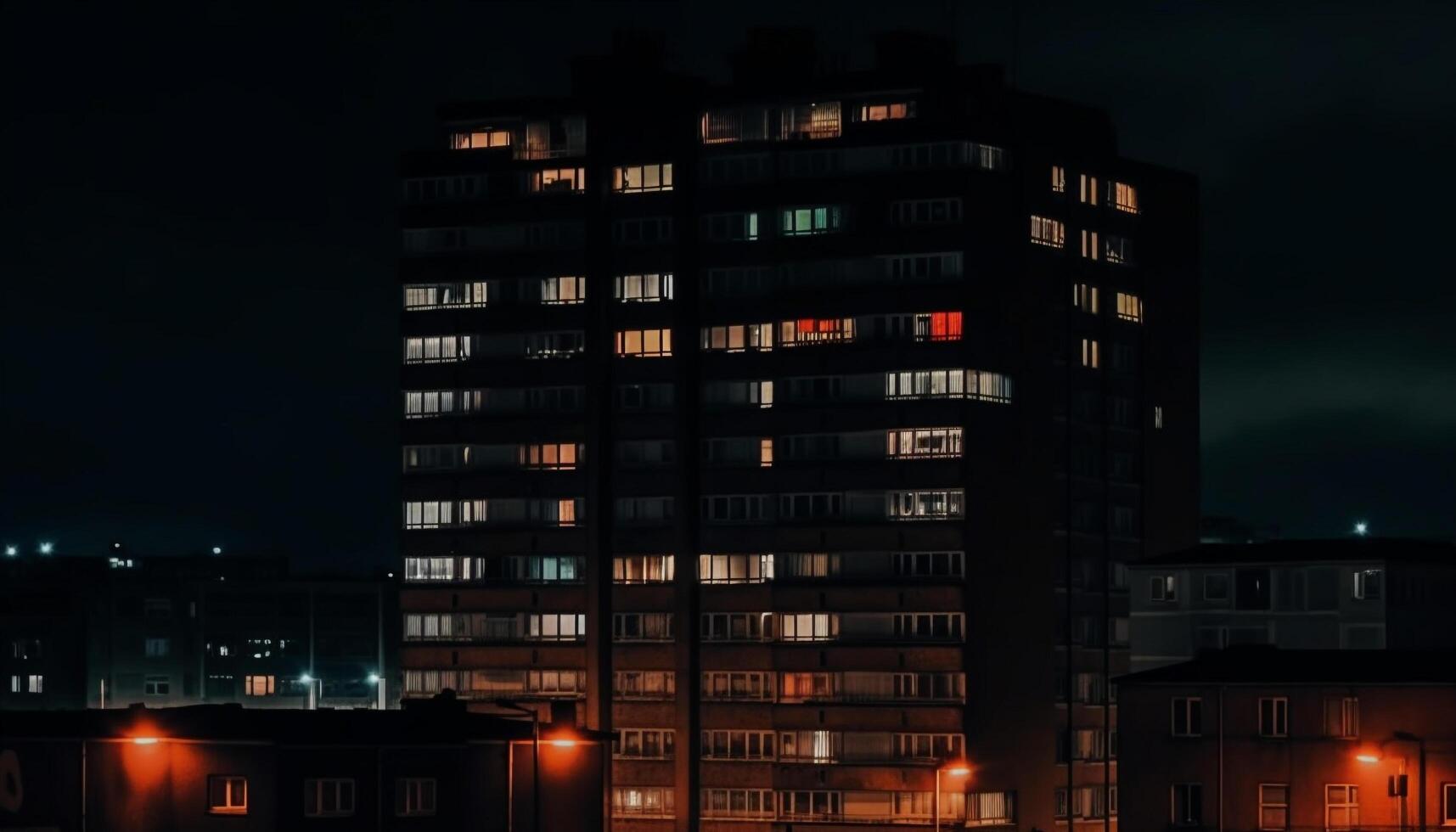 el moderno ciudad horizonte brilla con iluminado rascacielos a oscuridad generado por ai foto