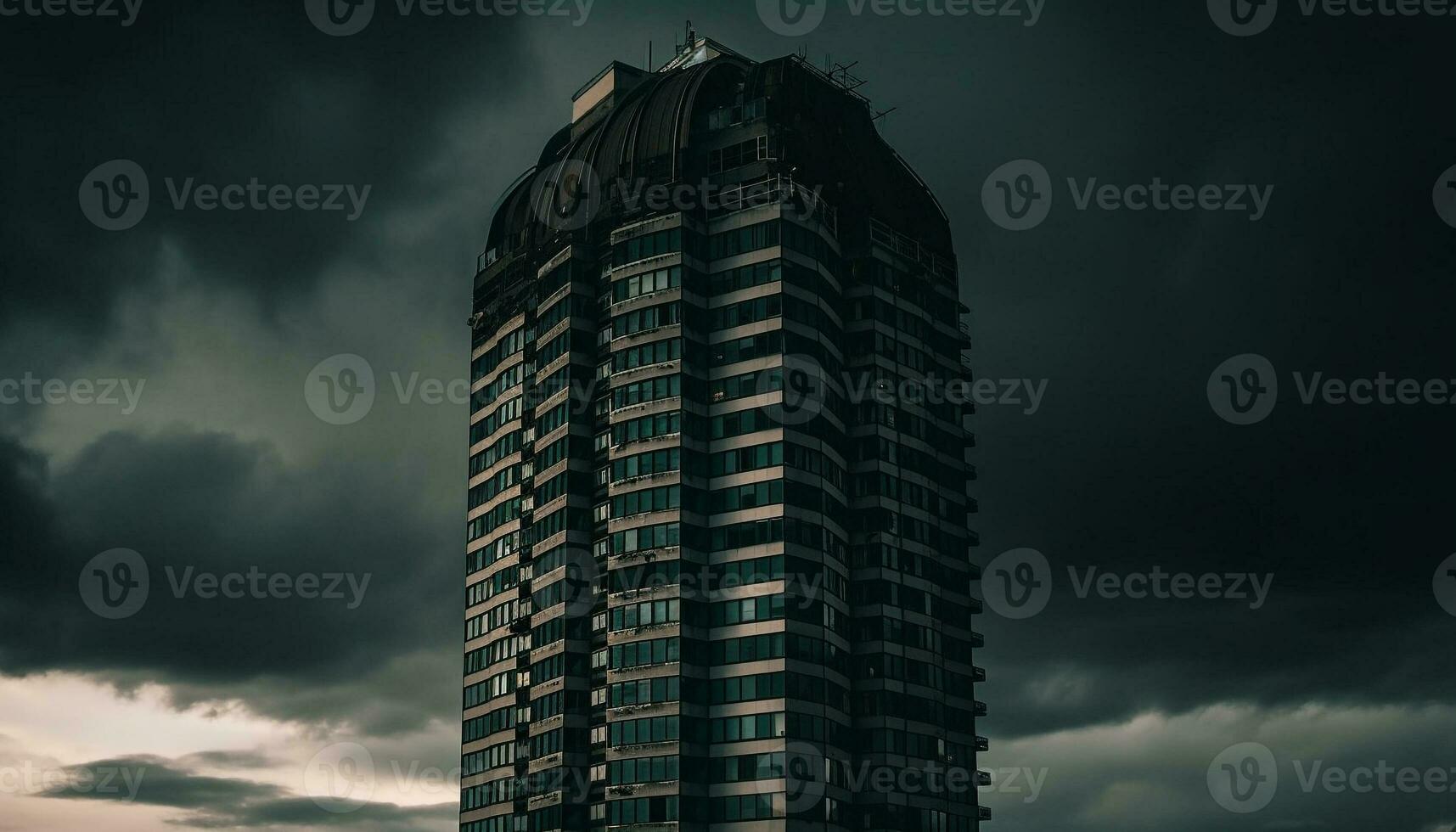 The futuristic skyscraper illuminates the city skyline on a moody night generated by AI photo