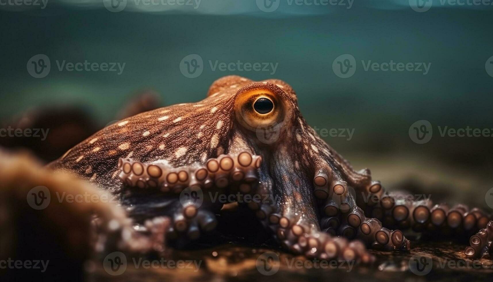Poisonous octopus tentacle grips crab claw in underwater battle generated by AI photo