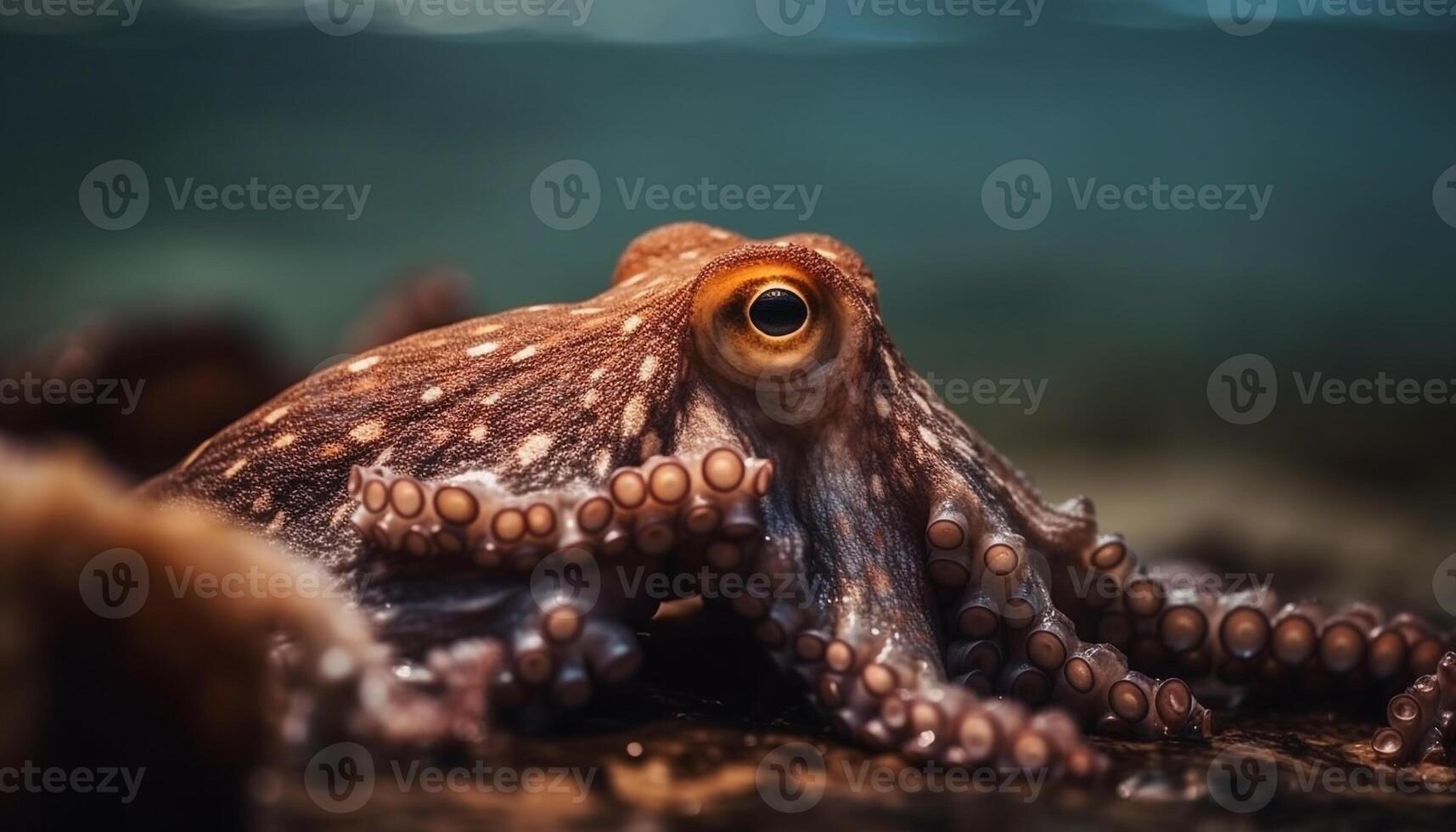 Poisonous octopus tentacle grips crab claw in underwater battle generated by AI photo