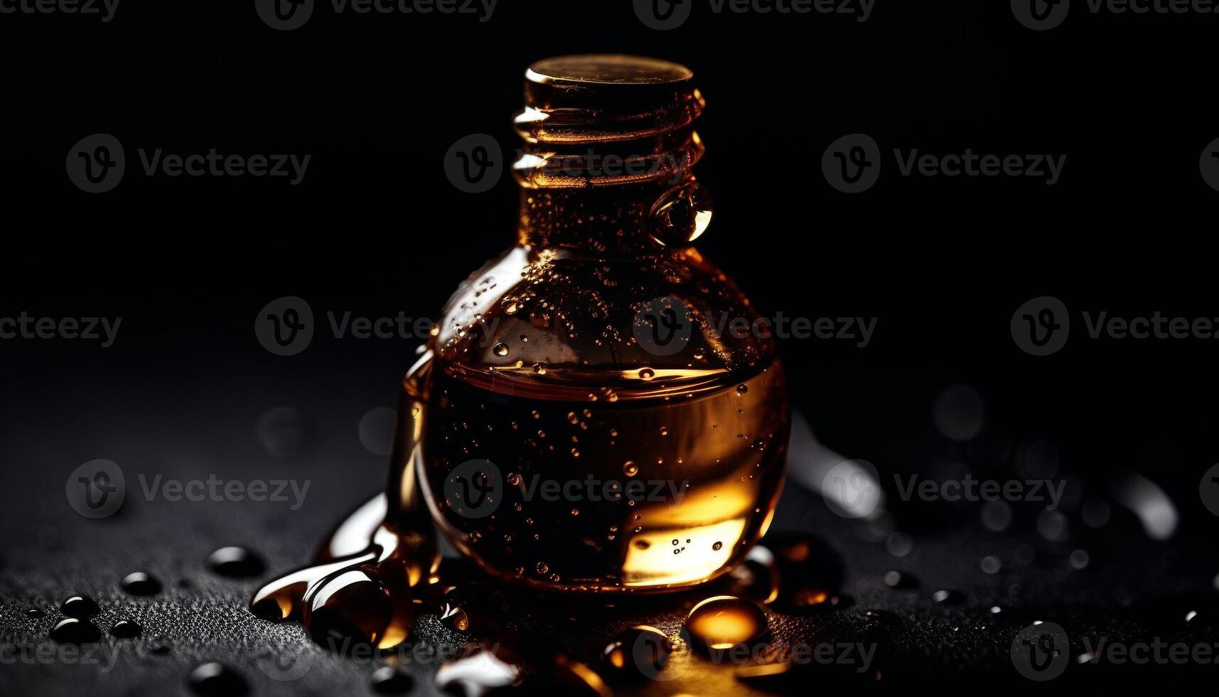 Golden drop of aromatherapy oil on glass vial, reflecting freshness generated by AI photo