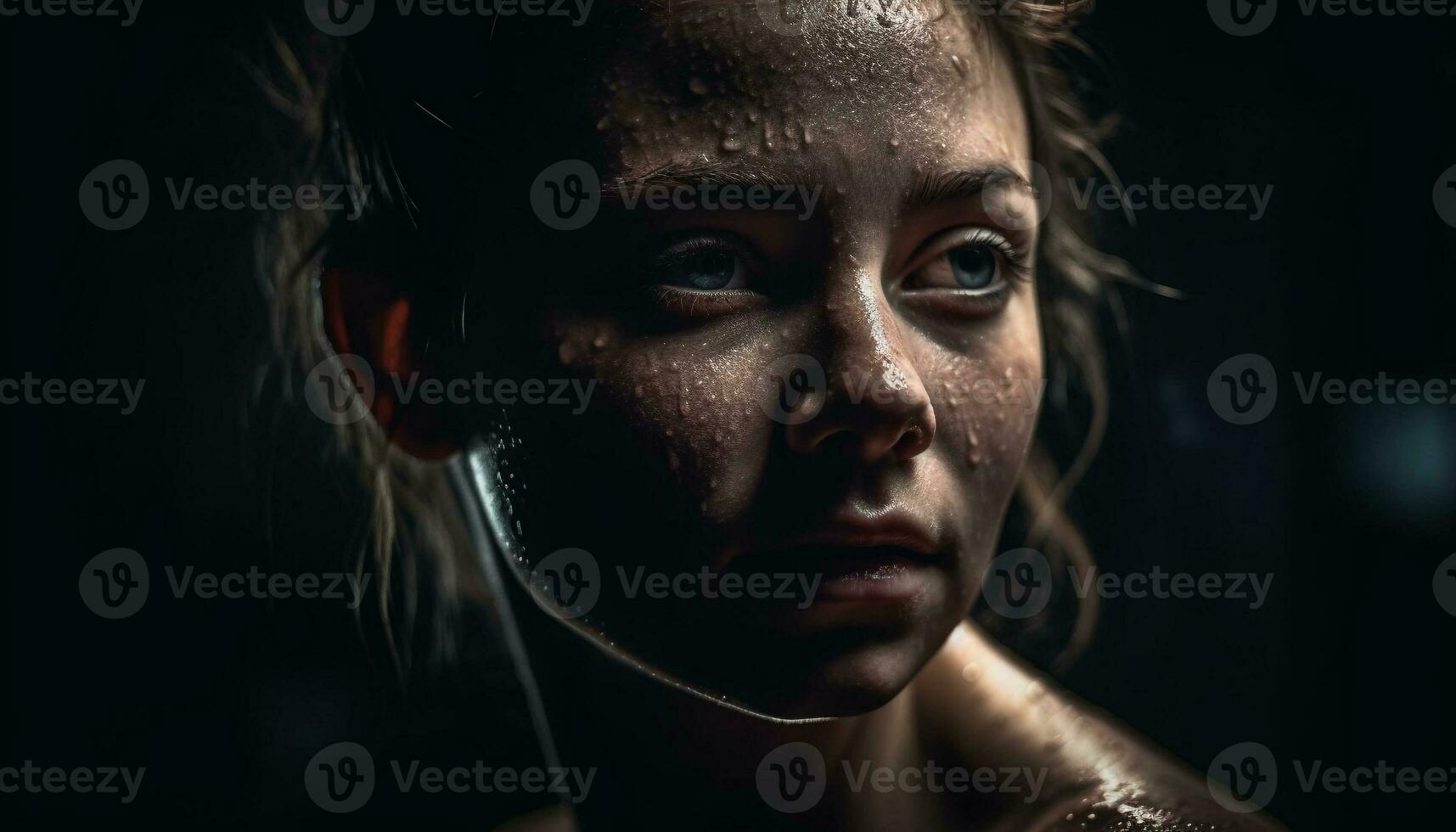 Beautiful young woman, wet and sad, looking at camera outdoors generated by AI photo