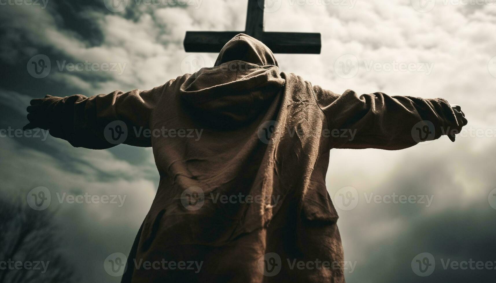 One person praying, holding Bible, seeking forgiveness under dramatic sky generated by AI photo