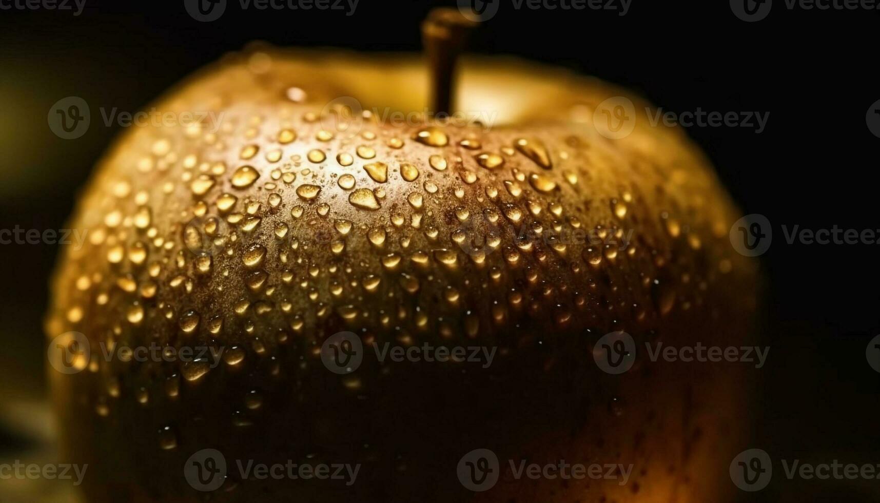 Fresh, ripe apple drops with dew on shiny, wet surface generated by AI photo