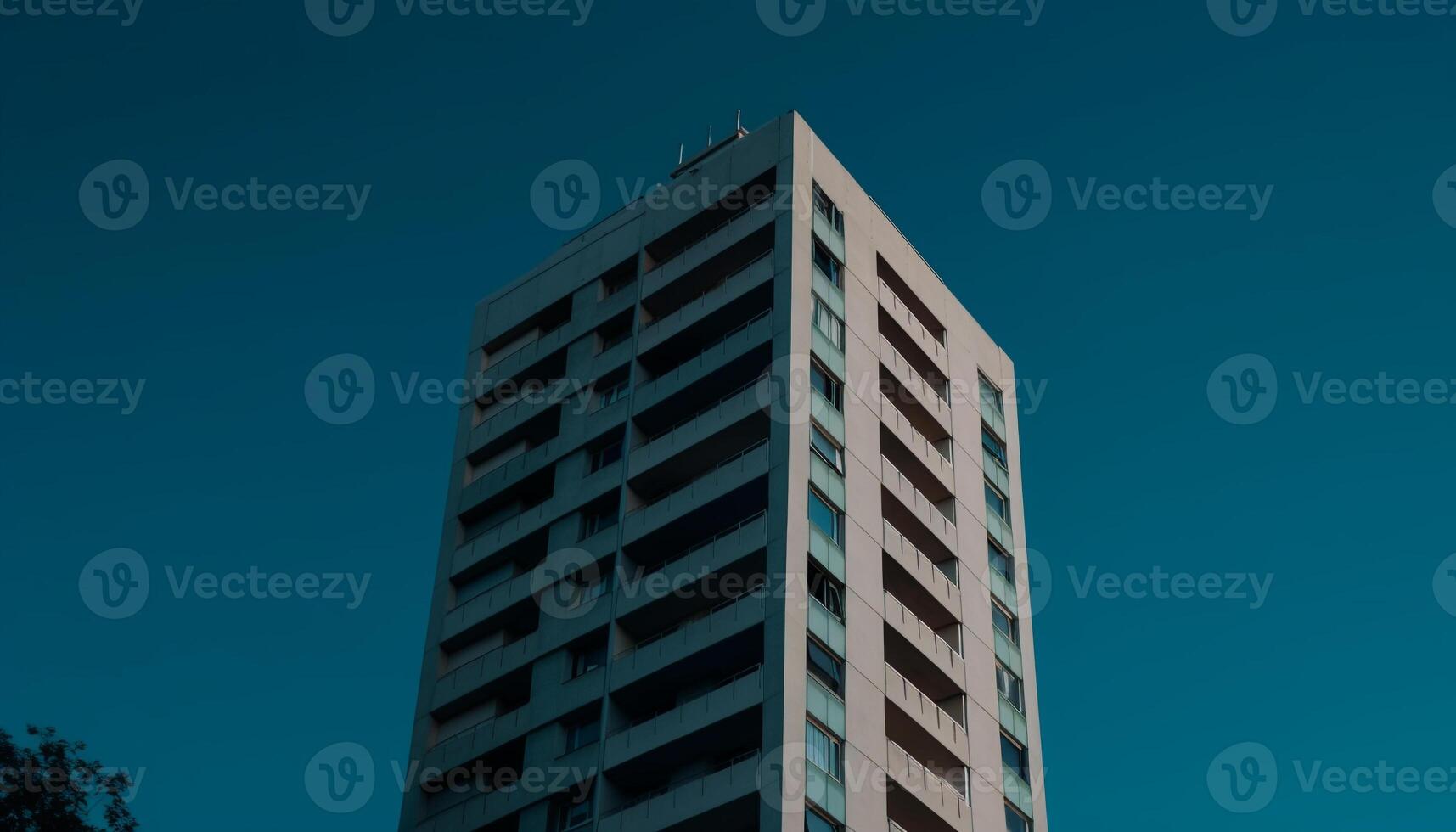 A futuristic skyscraper reflects the clear blue sky at dusk generated by AI photo