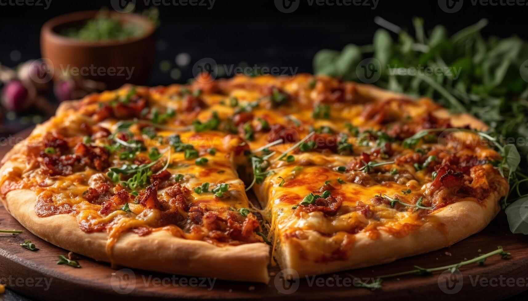 recién horneado gastrónomo Pizza con queso Mozzarella, carne, y vegetales generado por ai foto