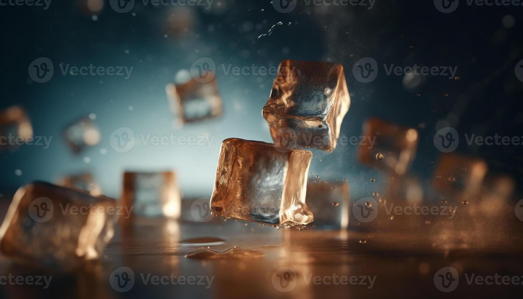 Winter frozen reflection on wet table, crystal drop glowing generated by AI photo