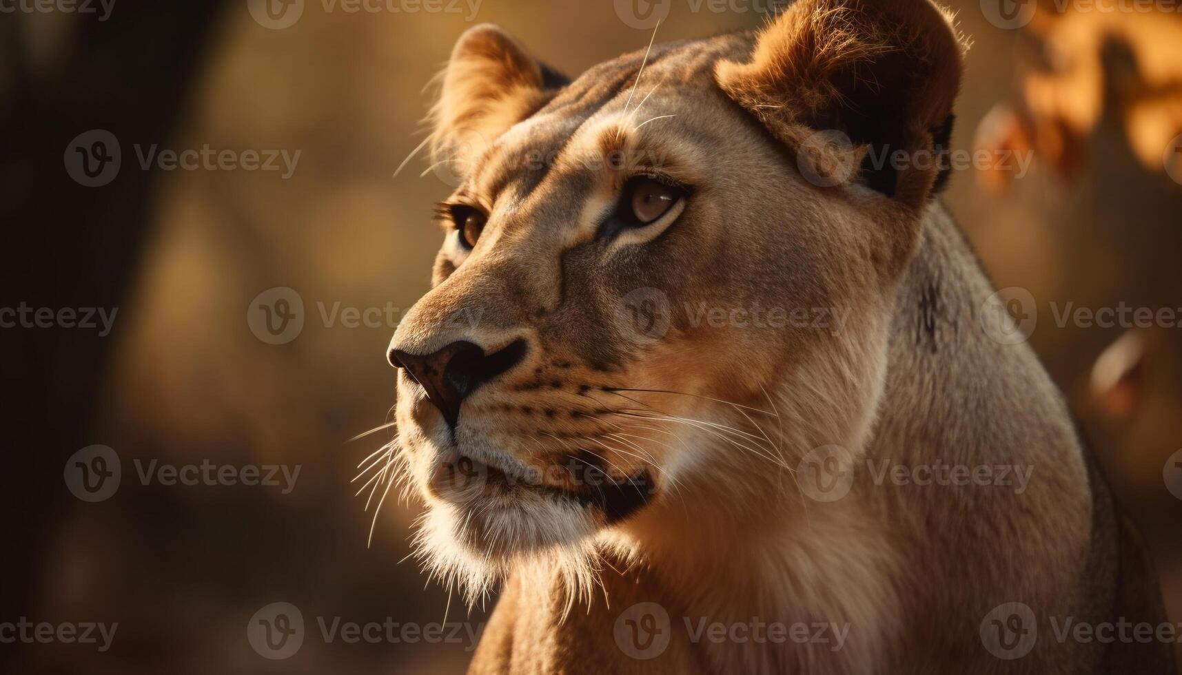 Majestic lioness walking through savannah, alert and staring ahead generated by AI photo