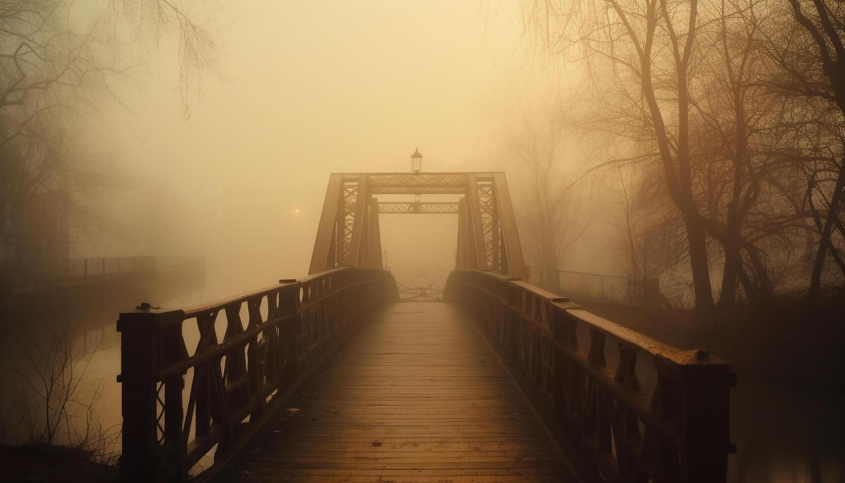 The foggy footbridge vanishes into the spooky autumn forest mystery generated by AI photo