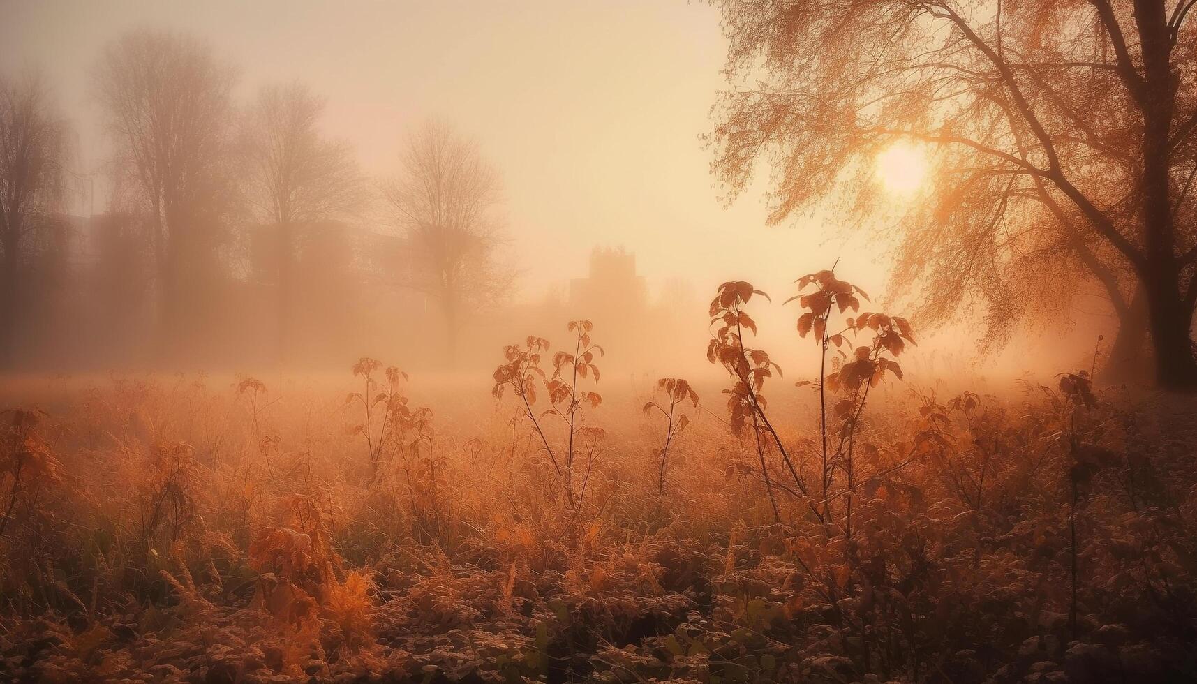 The vibrant autumn forest glows in the golden sunlight generated by AI photo