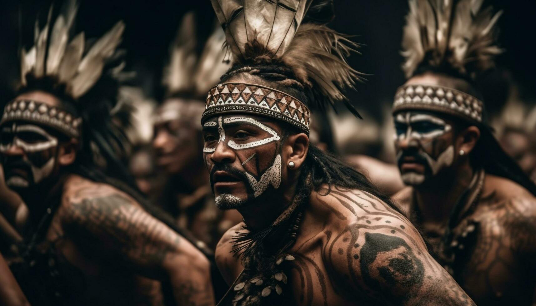 Indigenous leaders celebrate traditional festival with face paint and feather generated by AI photo
