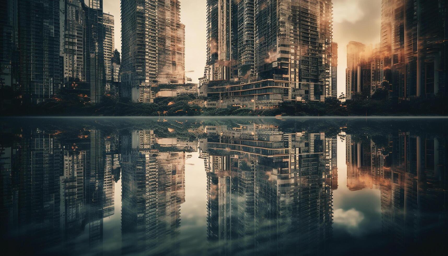 Modern skyscrapers illuminate city skyline at night, reflecting in water generated by AI photo