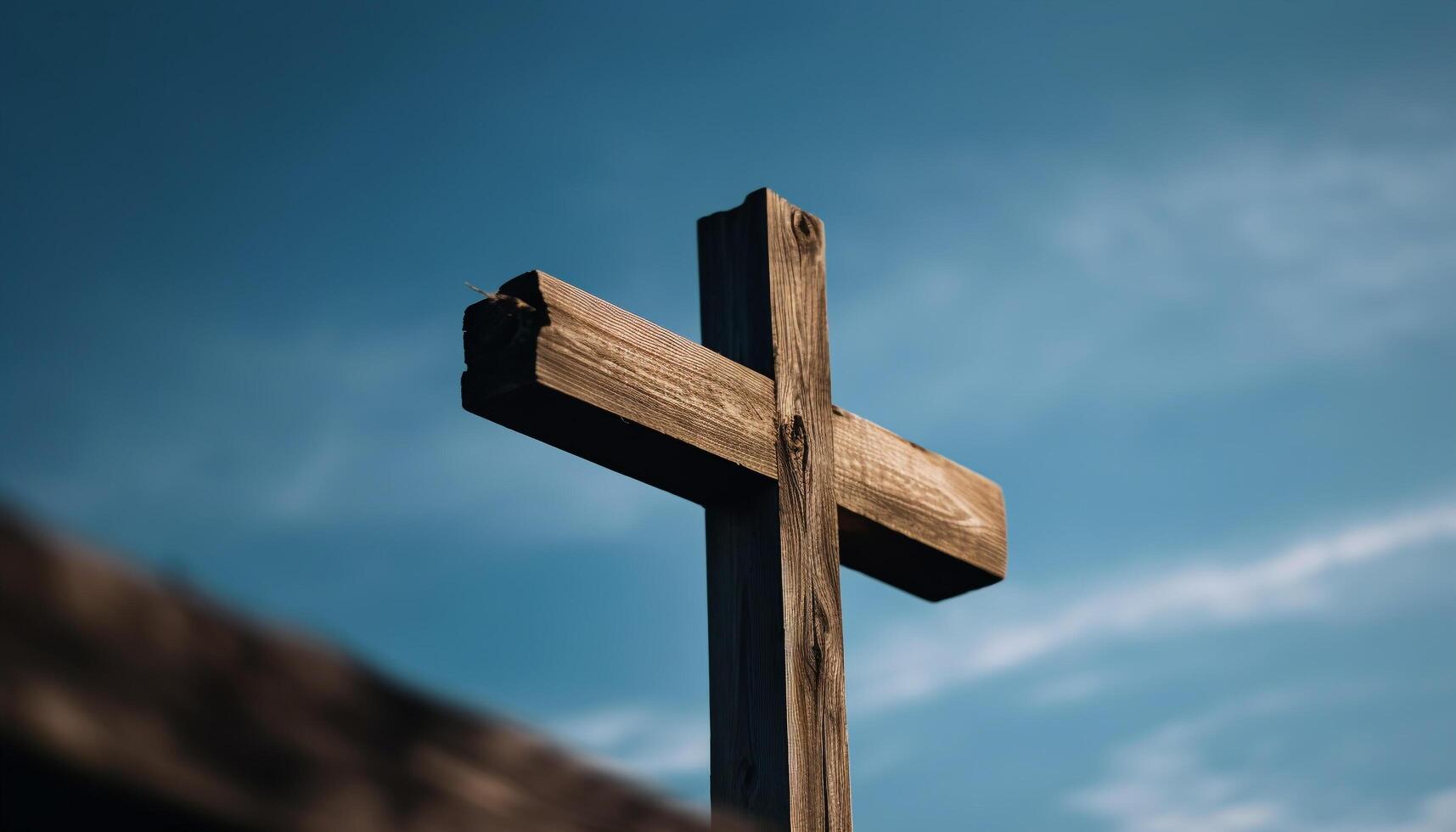Cross shaped chapel in nature, symbol of Christianity sacrifice and salvation generated by AI photo