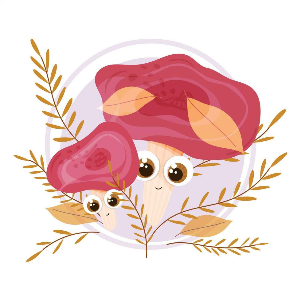 Cute russula mushrooms in an autumn forest with forest leaves, isolated on a white background. Pink russula with big cute eyes and a smile. vector