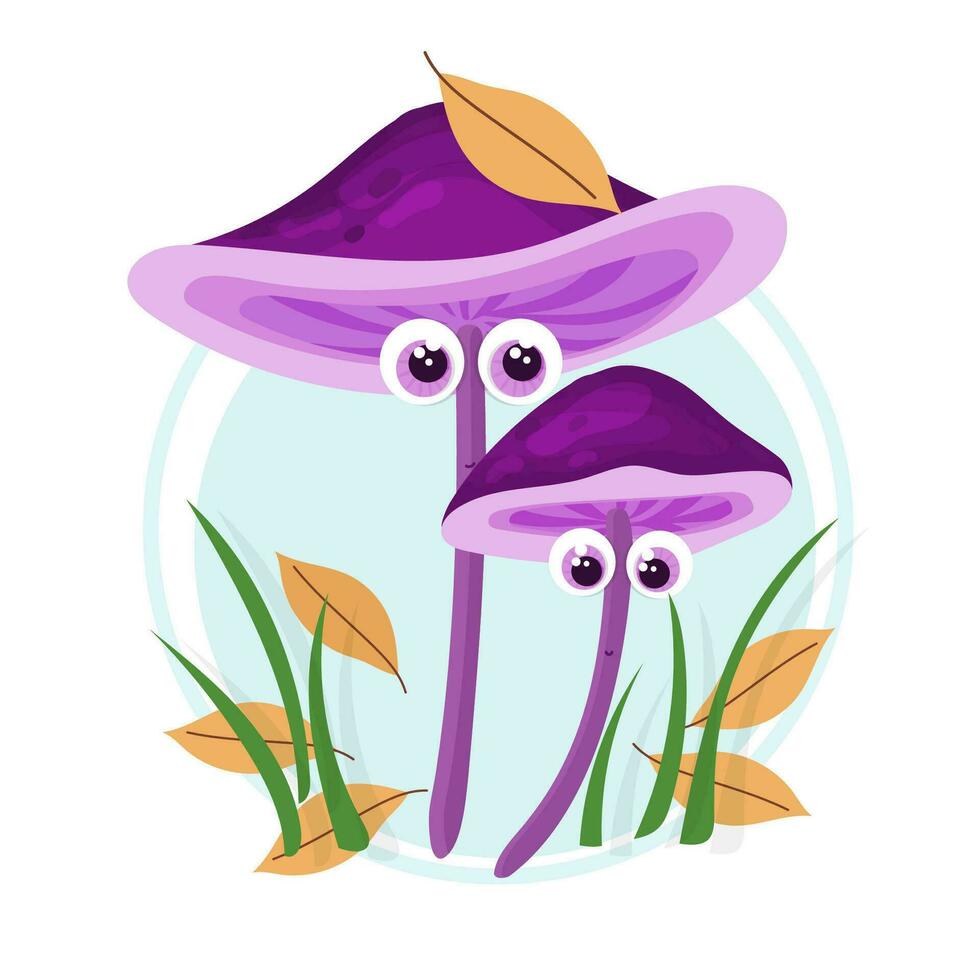 Purple mushrooms in cartoon style. Mushrooms in the autumn forest, grass, orange golden autumn leaves. Mushrooms characters with cute big eyes. vector